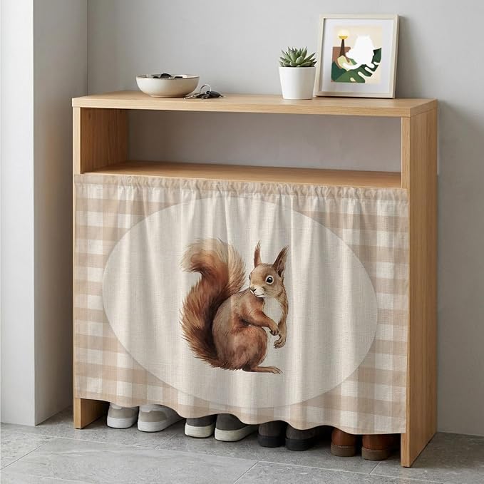Squirrel Plaid Cabinet Dishwasher Hidden Curtains, Privacy Closet Door Curtain, Rustic Farmhouse Checkered Retro Animal Adhesive Dust Proof Under Sink Skirt for Bathroom Kitchen 35"x35"