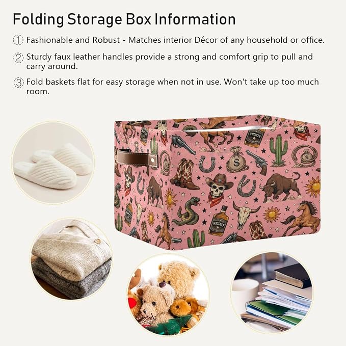 Kigai Storage Basket, Fabric Collapsible Closet Organizer Bin | Western Print Waterproof Foldable Canvas Basket with Handles for Shelves, Nursery, Closet, Bedroom & Bathroom