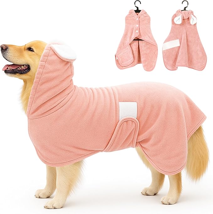 Pet Bathrobe Towel Dog Cat Drying Coat Super Absorbent Cute Dogs Bath Towel Hooded Robe Adjustable Collar & Belly Strap for XSmall to XLarge Pets (Coralpink, X-Large)