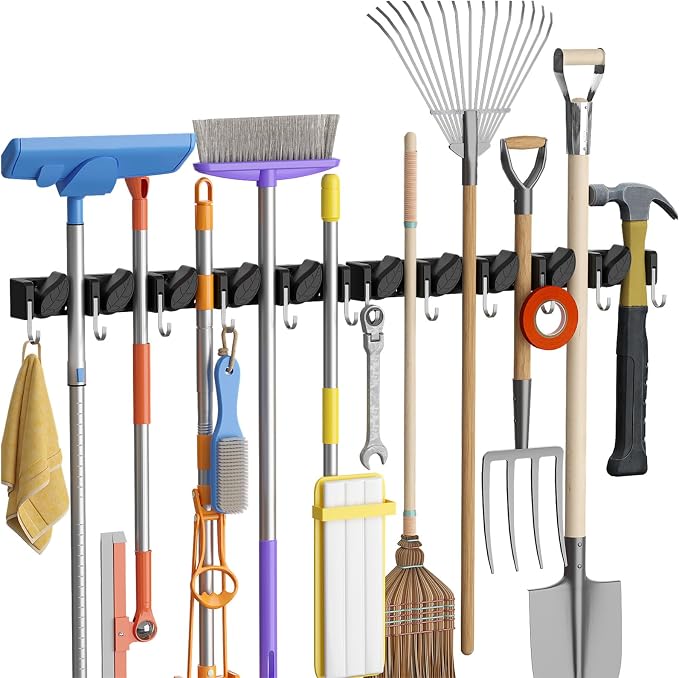 Lifewit Mop and Broom Holder Organizer Wall Mount Non-Slip, 2 Pack, Black | Easy Install One Handed Push Cleaning Tool Hanger with 6 Hooks 5 Slots, Heavy Duty Hanging Utility Rack for Garden, Garage