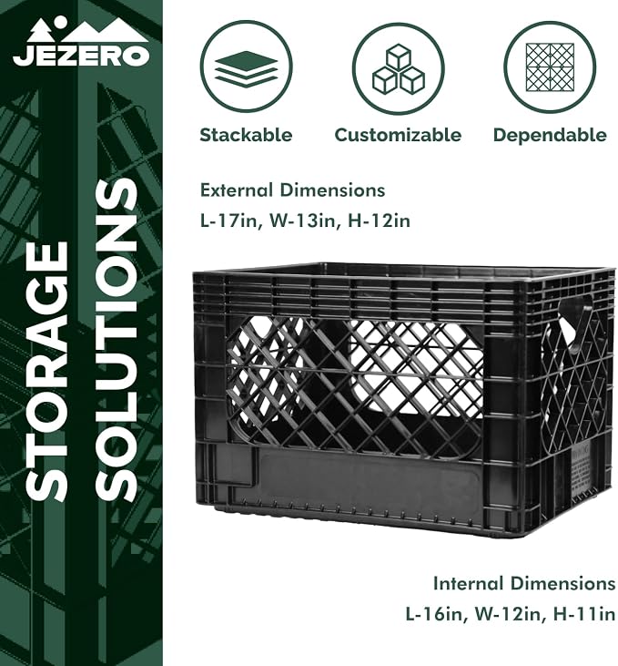 JEZERO 20 Quart 3-Pack Heavy Duty Plastic Crate | Stackable Multi-Purpose Storage Bin for Garage, Home, Office, Groceries, Outdoor, Camping & Kayaking | Black Utility Tote, 17" x 13" x 11"