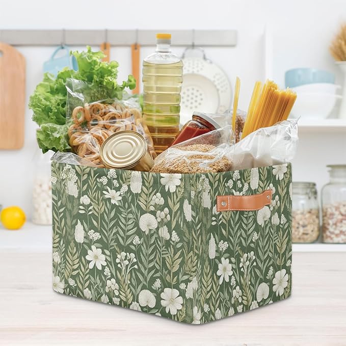 White Flower Green Leaf Rectangular Storage Bin Collapsible Storage Basket Organizer Boxes with Leather Handle Storage Cube for Shelves Toy Laundry Nursery 1 PC