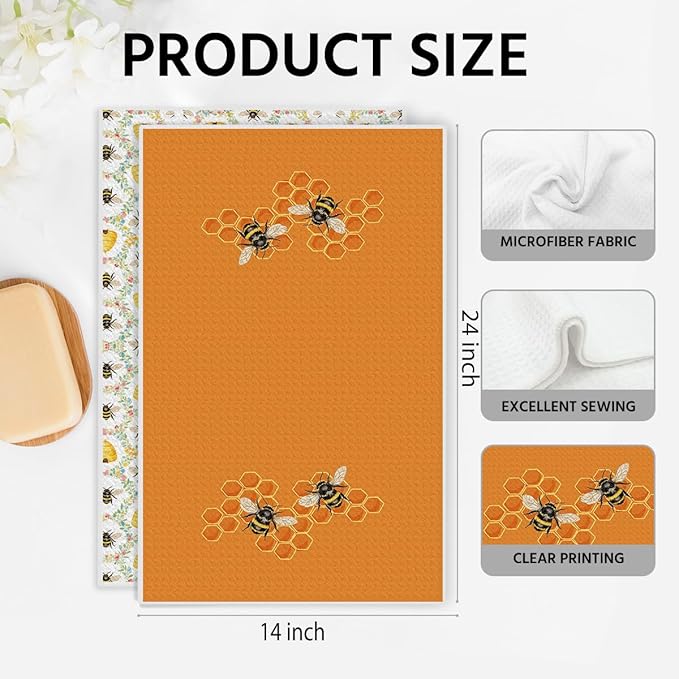2PCS Bee Honeycomb Kitchen Towels 14x24 Inch, Absorbent Microfiber Decorative Dish Cloth Tea Towel, Bee Flower Waffle Hand Towels for Kitchen Home Bathroom, Bee Lover Gifts for Women