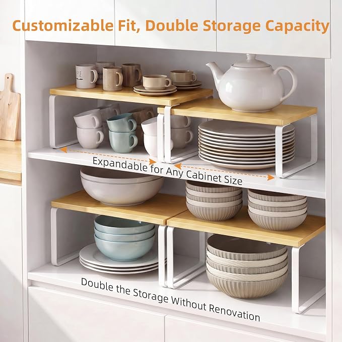 LAMU Cabinet Organizer Shelf, Set of 4 Expandable Kitchen Counter Shelve Plate Organizer for Cabiner, Stackable Spice Rack, CupBoard Organizers and Storage, Wood