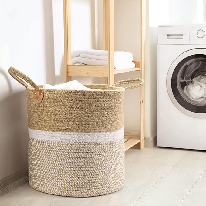 CHICVITA Large Wicker Storage Basket with Leather Handles, 16" x 16", White | Decorative Woven Basket for Toys, Shoes, Blankets & Laundry Storage, Living Room & Bedroom Organizer, Indoor Plant Basket