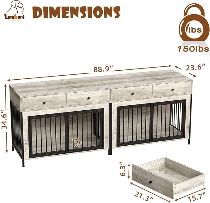 LEMBERI 44 Inch Large Dog Crate Furniture with Storage Drawers, Wooden Dog Kennel Furniture as TV Stand, Decorative Pet Cage Dog House Indoor for Dogs, Grey, 2 Pack