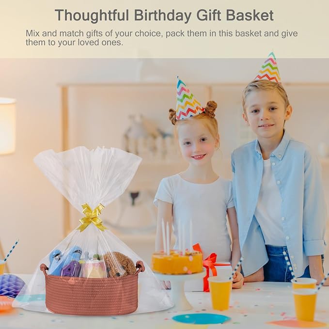Small Empty Gift Basket with Bag & Ribbons, Autumn Glaze | 12“x8”x5”, Cotton Rope Woven Basket for Birthdays, Baby Showers, Mother's Day, Christmas; Stores Small Items, Kids & Pet Toys