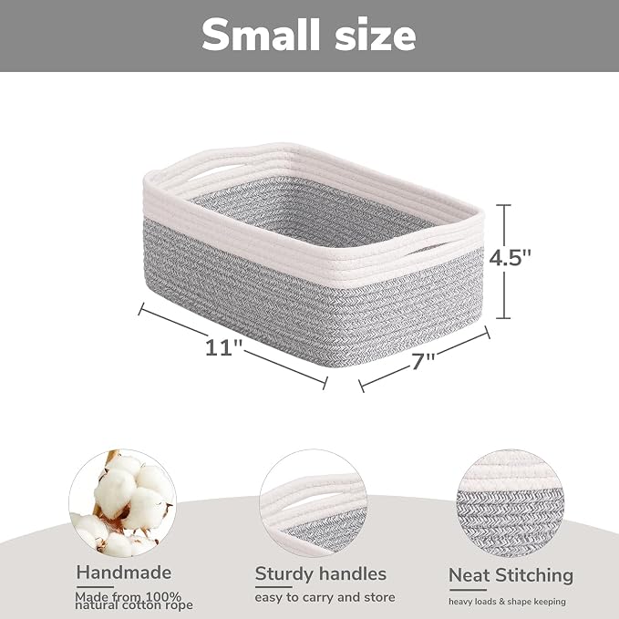 Goodpick 3-Pack Cotton Rope Baskets for Shelves, 11 x 7 x 4.5 in | Woven Baskets for Closet Fit Bedroom Lving Room, Small Baskets for Gift Empty, Dog Toy Basket for Pet, White & Brown