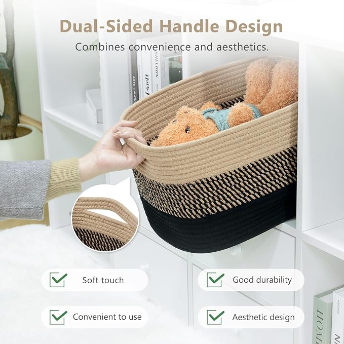 ECDYQXVU 15x10x9 Inch Woven Cotton Rope Storage Basket, 1 Pack | Foldable Design, Built-in Handles, Space-saving Organizer for Living Room, Bedroom, Laundry, Shelves, Clothes, Towels