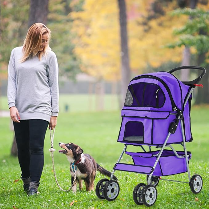 4 Wheels Cat Stroller, Pet Dog Jogger Stroller, Folding Carrier Waterpro with Cup Holder & Removable Liner, Dog Strollers for Small Dogs, for Small and Medium Pet Supplies (Purple)
