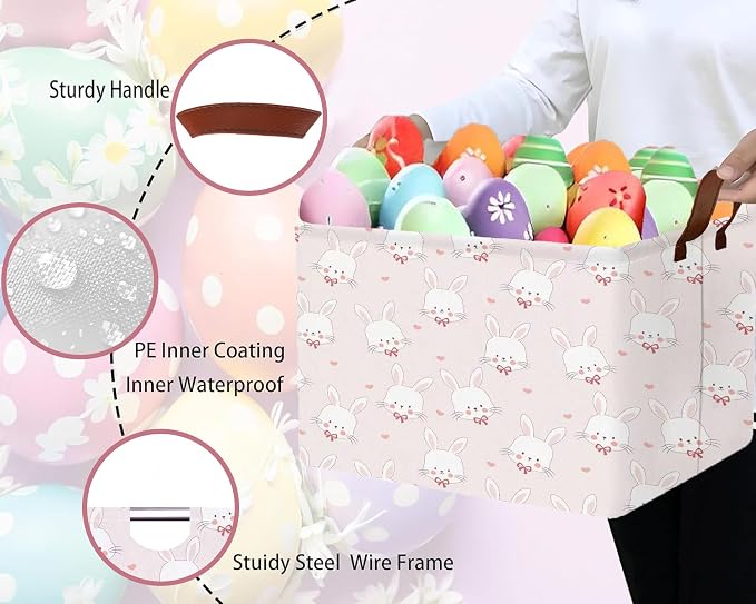 Large Rectangular Easter Baskets Empty Waterproof Boy Toy Box Foldable Kid's Gifts Storage Bin Spring Room Decor(Pink Love Rabbit Head)