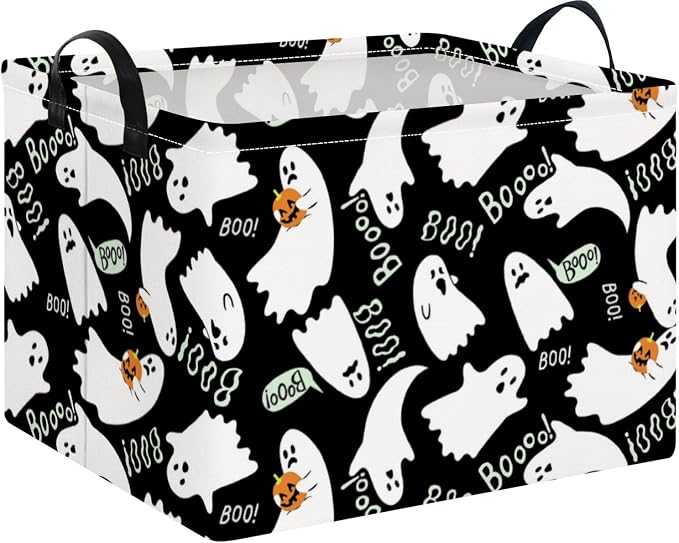 NTAO Gift Storage Basket Empty for Halloween, Storage Bin with Handles, Room Decor, Book Box(Black Ghost Boo)