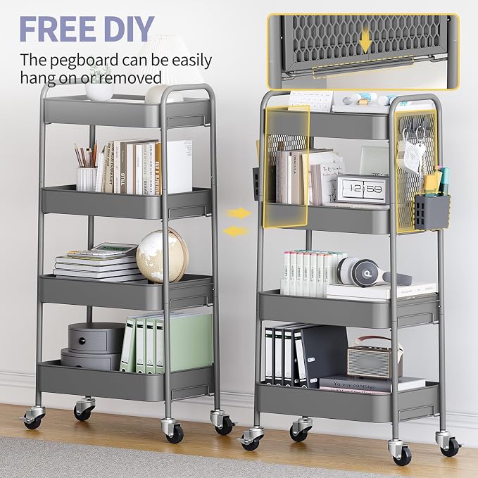 TOOLF 4 Tier Rolling Cart, Metal Utility Storage Cart with Pegboard, Grey | 2 Bins & 4 Hooks, Screwless Assembly, Lockable Wheels, Trolley Organizer for Bathroom, Kitchen, Office, Dorm, Craft Room