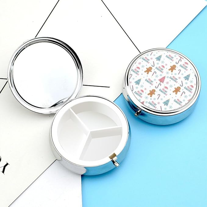 Purse Pill Box, Pink Christmas Cute Round Container, Portable Organizer for Supplements, Mini Travel Case for Women on The Go
