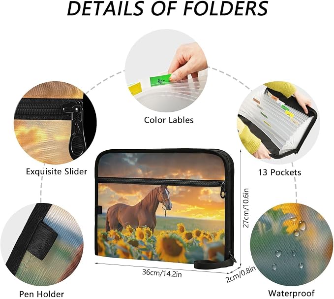 13 Pocket Zipper Expanding File Folder A4 Sunflower Horse | Accordion File Organizer with Front Pouch A4 Letter Size Portable Folders for Documents Receipt School Office Supplies