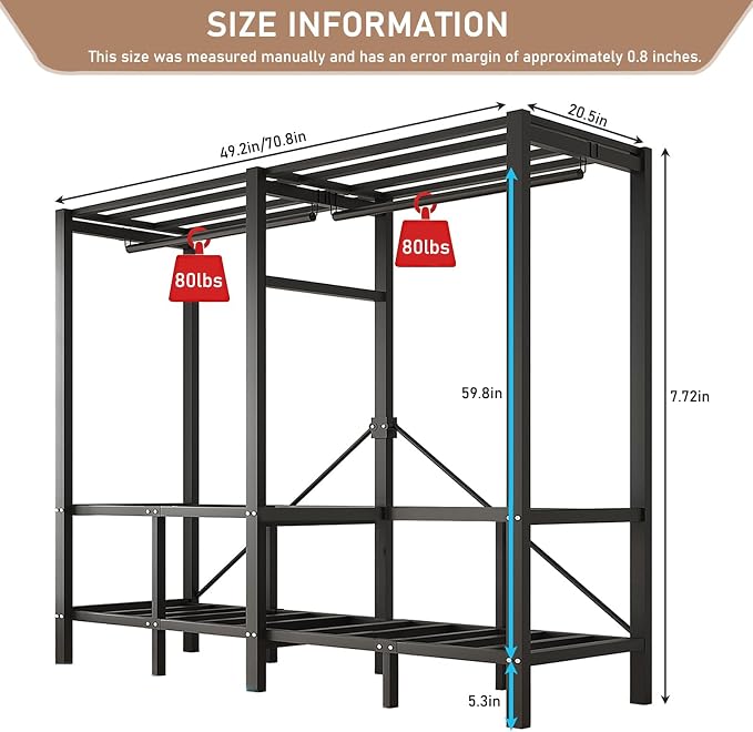 Heavy Duty Clothes Rack with Cover & Magnetic Doors, 1500lb Portable Wardrobe Closet - Foldable Garment Rack for Bedroom, Large Storage for Hanginng Dresses Jackets (Blue, 70.8IN)