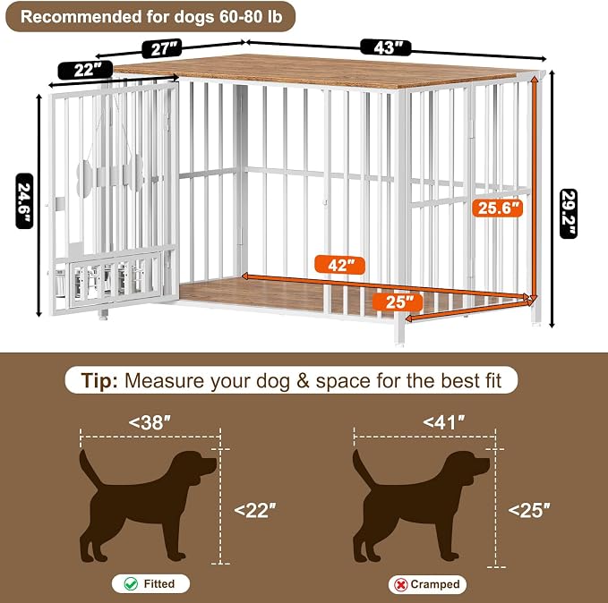 Easycom 43" Dog Crate Furniture Foldable, No Assembly Decorative Dog Kennel Indoor, XL Dog Crates for Large Dogs (60-80 lbs), Wooden Dog Cage with Adjustable Bowls and Name Tag, White & Beech
