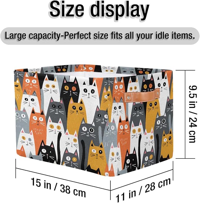 AUUXVA Storage Basket Cute Animal Cat Pattern Storage Cube Box Durable Canvas Collapsible Toy Basket Organizer Bin with Handles for Shelf Closet Bedroom Home Office