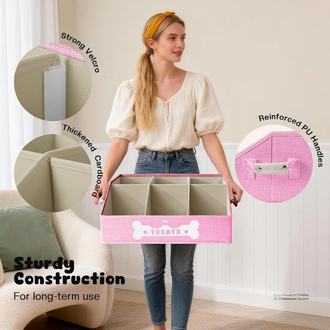 Dog Treat Container, Dogs Storage Organizer with Removable Dividers, Collapsible Dogs Treat Holder for Countertop, Trapezoid Pet Treats Containers, Dog Toy Basket with PU Handles, Medium, Pink