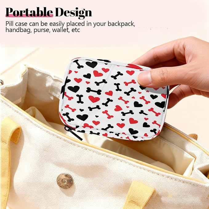 Weekly Pill Organizer Travel Size Bag with Removable 7 Day Pill Box Portable Vitamin Case Purse with Zipper,Hearts Bones White