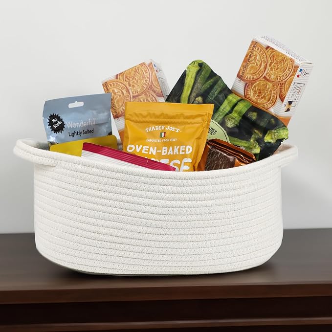 Woven Cotton Rope Storage Basket with Handle, White, 13 Inch | Empty Gift Basket, Bathroom and Closet Organizer, Nursery Toy Storage, Decorative Boho Basket, Shelf Storage Bin