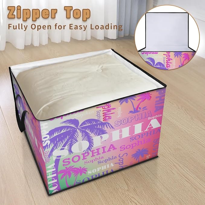 Personalized Storage Bins with Lid, Customized Name Jumbo Storage Basket Rectangle Clothes Organizer for Organizing Shelf Closet, Purple Pink Tropical Palm Trees Gradient Pink Green Background