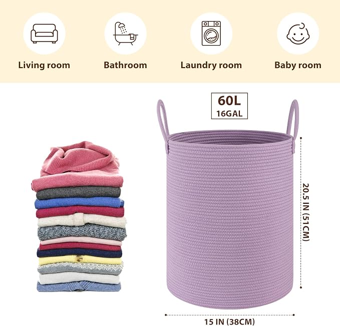 OIAHOMY 60L Nursery Hamper Laundry Basket Laundry Hamper Purple | collapsible Blanket Basket Cotton Rope Woven Basket Dirty Clothes Hamper Baby Hamper Tall Clothes Hamper with Handles