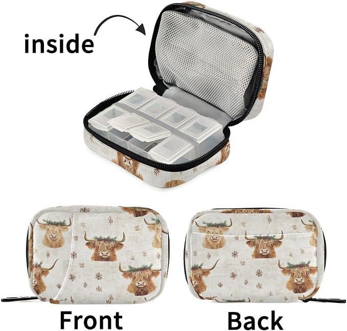 Fustylead Christmas Shaggy Highland Cows and Decor Pill Organizer Travel Bag, Small Portable Pill Case Cute for Vitamin Fish Oil Supplements Medicine Organizer with Zipper