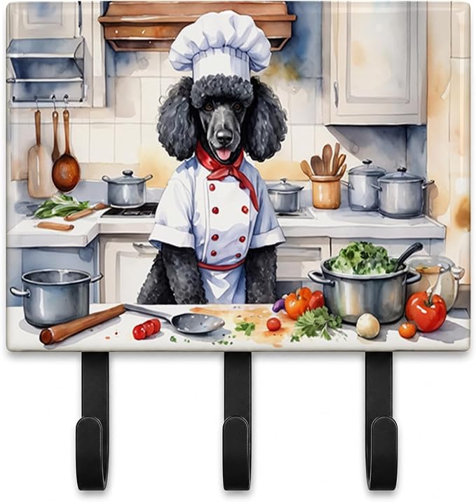 Caroline's Treasures Black Poodle The Chef Leash or Key Holder Wall Hooks, Key Hooks Holder, Coat Rack Wall Mount, Coat Hooks, Hooks for Hanging Keys, Towels, Aprons, Leashes | Black Poodle The Chef artwork on ceramic tile with three steel hooks for ke...