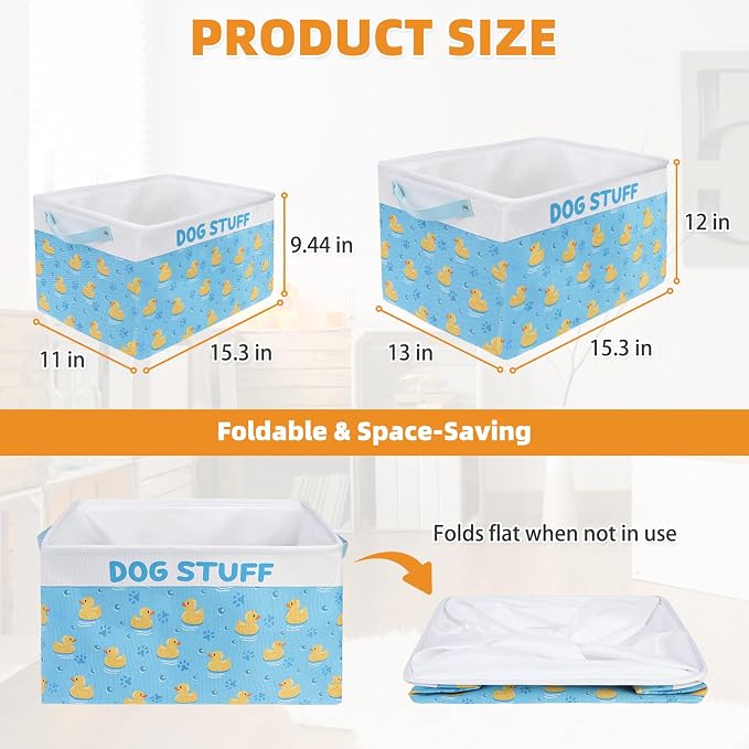 Dog Toy Basket, Collapsible Dog Toy Bin Box with Drawstring Cinch Top &Handles, Pet Food Storage Organizer for Dog Toys, Apparel, Blankets and Leashes, Blue, Yellow Duck, M, 15.3"x11"x9.5"