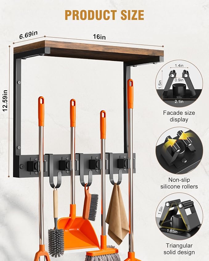 Supforce Small Broom Holder Wall Mount with Shelf, 4 Slots 3 Hooks | Black, 2-In-1 Wall Mount Stores Brooms/Mops, Cleaning Supplies With 4 Grippers/3 Hooks And A Sturdy Wooden Top Shelf