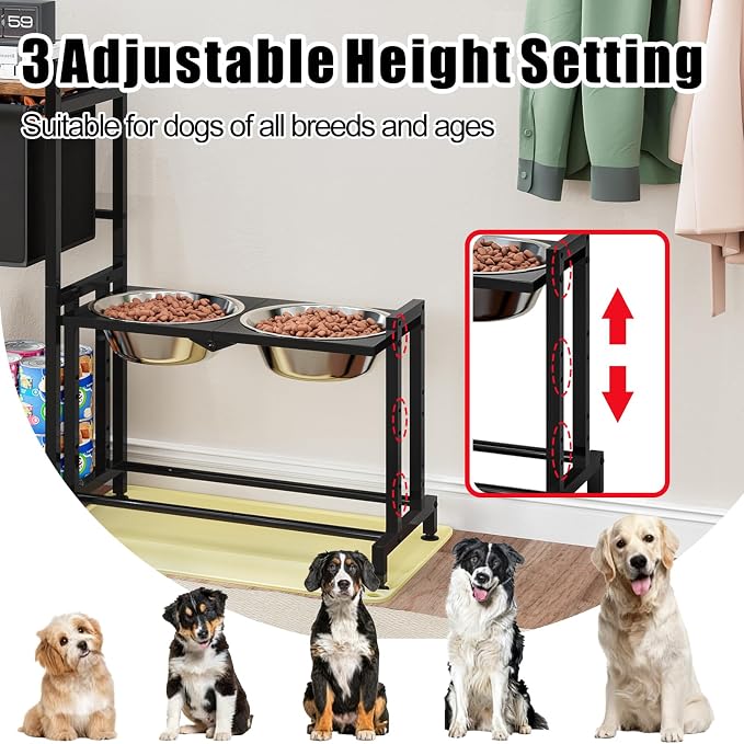 INGIORDAR Dog Bowls Elevated 3 Height Adjustable Feeding Station Storage | Metal Pet Food Feeder Dish Station Non-Slip Dog Bowl Stand Stainless Steel Food Water Bowl for Medium Large Small Dogs