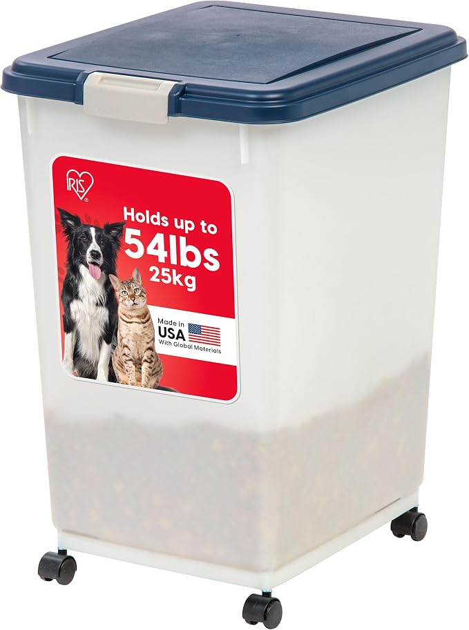 IRIS USA Dog Food Storage Container, Up to 54 lbs, Navy/Pearl, Made in USA | Wheels for Mobility, Airtight Seal, BPA-Free, Best for Bird Seed, Cat food, Cat Litter, Chicken Feed, Pellets