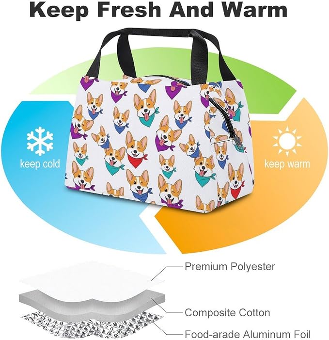 Funny Cooler Tote Bag, Cute Corgi Dog Pet | Women Men, Portable Insulated Lunch Bag, Leak Proof, Lightweight Lunch Box Organizer, for Office Gym Travel
