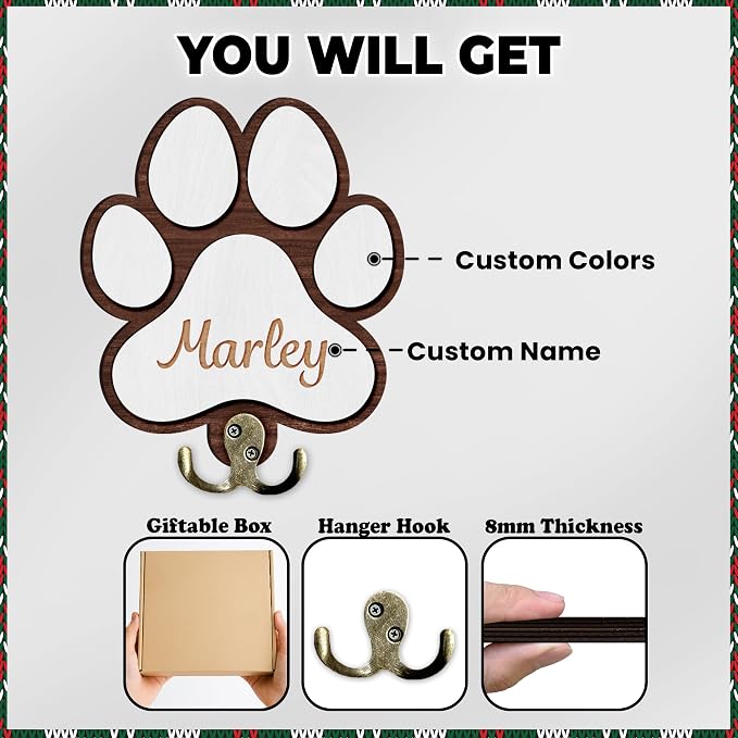 Personalized Dog Leash Holder, Custom Dog Paw Harness Wall Hanger Organizer with Name, Decorative Hooks for Leashes, Keys, Collars, Leash Rack Wall Mount for Entryway, Hallway, Gift for Pet Lovers