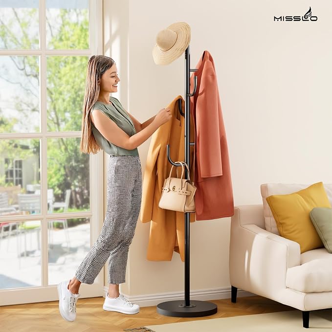 MISSLO Heavy Duty Coat Rack Freestanding with Stable Wood Base Metal Coat Tree Adjustable Coats Hanger Stand with 6 Hooks Clothes Tree for Jackets, Hats, Bags Standing Purse Rack for Bedroom, Office