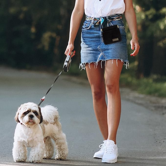 Dog Treat Pouch, Portable Auto Closing Dog Training Treat Bag with Carabiner, Hands Free Pocket Sized Snack Reward Pouch for Puppy Walking Travel Outdoor Use, Black