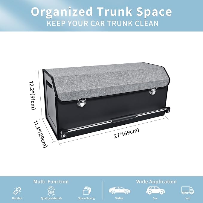 Car Trunk Organizer Leather Car Storage Organizer with Lid Car Organizer | Suv Trunk Organizer with Sturdy Handle Car Cargo Storage Box for Minivan, Sedan, Jeep (Grey, 27 x 11.4 x 12.2in)