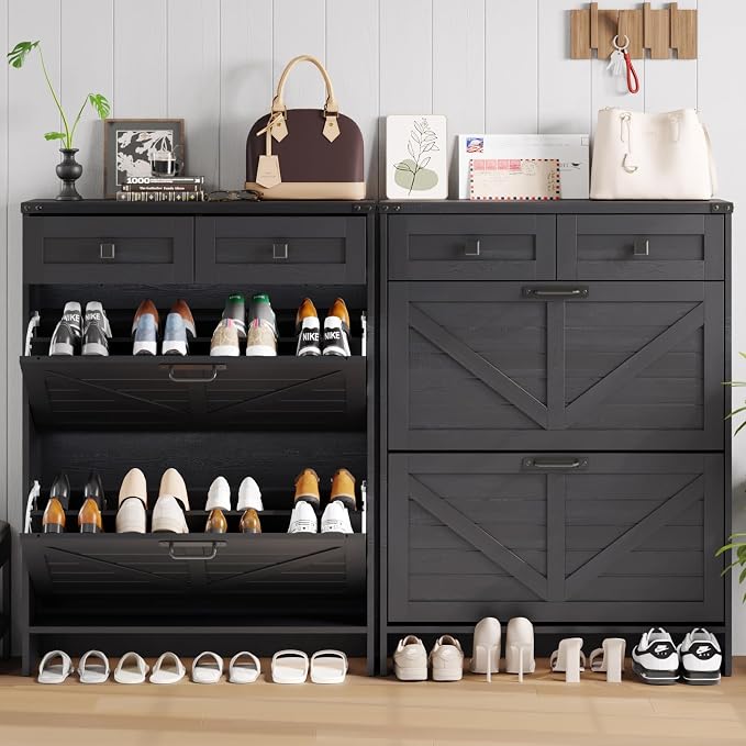 Halitaa Shoe Cabinet with 2 Flip Drawers & 2 Drawers,Farmhouse Shoe Storage Cabinet for Entryway,Slim Freestanding Narrow Organizer Rack for Front Door Entrance,Black