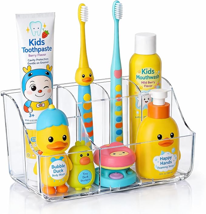 Sotfamily Clear Kids Toothbrush Holders for Bathrooms, 1 Pack(No-Drill) | Space-Saving Wall-Mounted Tooth Brush & Toothpaste Holder for Bathroom Countertop or Wall, Bathroom Organizers and Storage