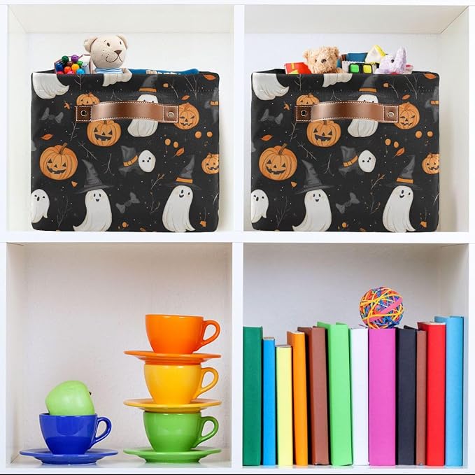 Kigai Storage Basket, Fabric Collapsible Closet Organizer Bin | Halloween Boo Pumpkins Waterproof Foldable Canvas Basket with Handles for Shelves, Nursery, Closet, Bedroom & Bathroom