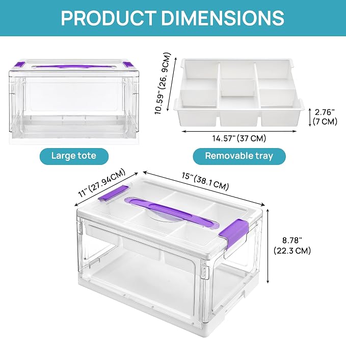 Vtopmart 24 QT Purple Clear Craft Organizer with Tray & Dividers, 1 Pack | Storage Box for Coloring Books, Modeling Clay, Molds and Art Supplies, Removable Tray for Craft Supplies Organization
