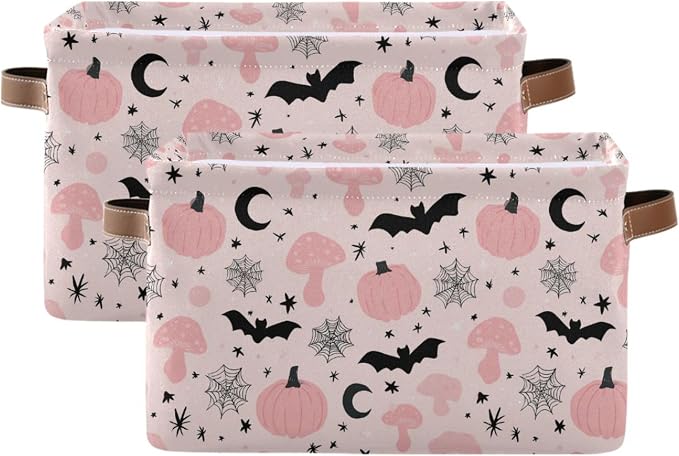 Happy Halloween Pink Storage Basket with Waterproof Liner and PU Handles Pumpkin Bat Moon Mushroom Storage Bins Boxes 14.2" Collapsible Decorative Organizer Baskets for Bedroom Closet Office 2 Pack