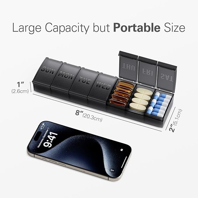 Barhon Pill Organizer Large, Weekly Medicine Pill Organizers, 7 Day Pills Box Case Travel for Big Vitamin Supplements Fish Oil, Black