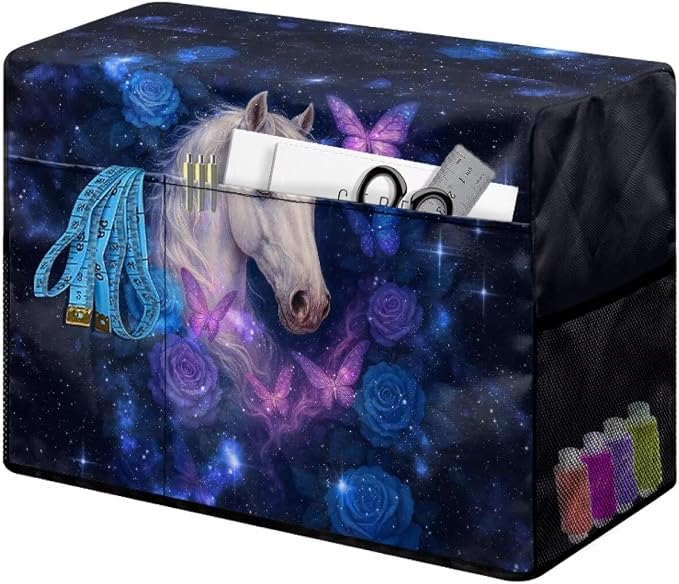 Rose Horse Print Sewing Machine Cover Heavy-Duty Dust & Pet Hair Protection with Storage Pocket, Fits Brother, Singer, Janome Machine (Blue)