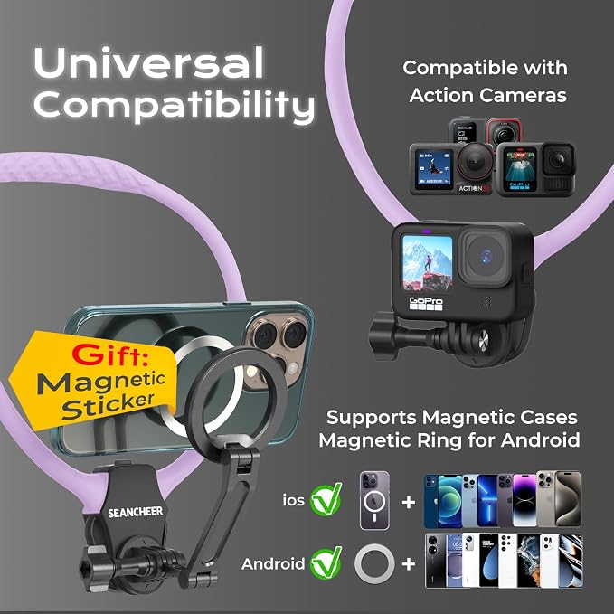 【2026 Extended Long】 Magnetic Neck Mount for Phones,Neck Phone Holder | 27.6"Hands Free Pov Phone Holder Chest Mount for iPhone17–12 & Android,Go Pro DJI,Camera Shoulder Supports