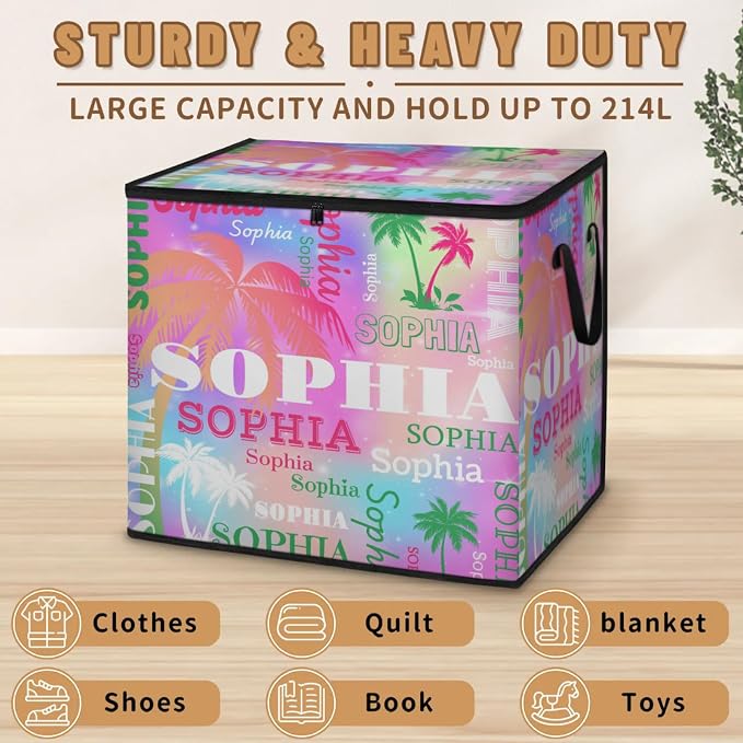 Custom Comforters Storage Basket with Lid, Personalized Name Pink Green Tropical Palm Trees Large Organizer Bin for Pet/Children Toys, Clothes, Perfect for Rooms/Playroom, Colorful Pink Galaxy