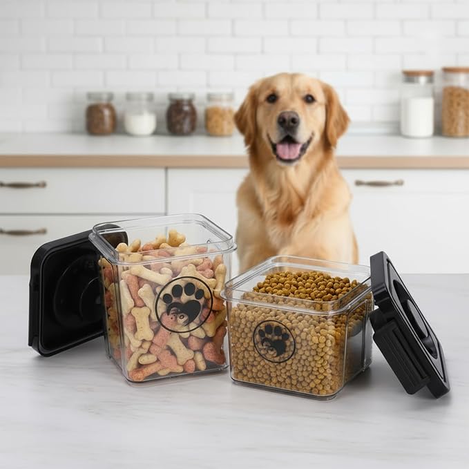 Dog Treat Container, Dog Food Storage with 2 Jars, Airtight Pet Treat Storage With Lids,Small Pet Food Container, Puppy Treats Bin for Kitchen Counter,Freshness Seal-Clear, Rectangle