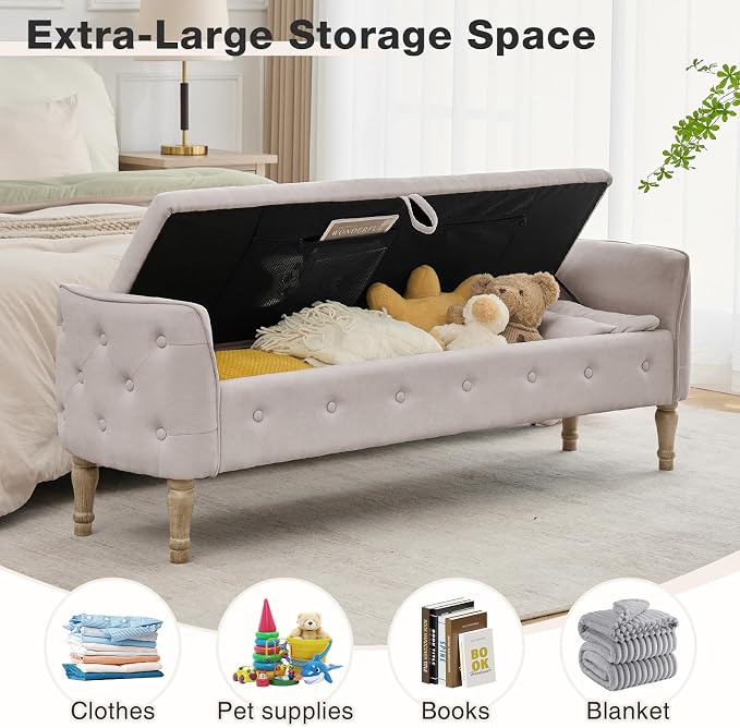 67"End of Bed Storage Bench King Size,Upholstered Bedroom Bench,Khaki | Linen Storage Bench for Bedroom End of Bed ,2 Cushion, Vintage Wood Legs ,Tufted,Storage Ottoman Bench for Entryway Window