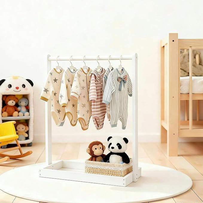 Baby Clothing Rack for Baby Shower, Pets Clothes Rack with Storage Box & Hanging Rod for Dogs Cats Dolls Clothes Display, Mini Baby Shower Crate Closet Rack (White)